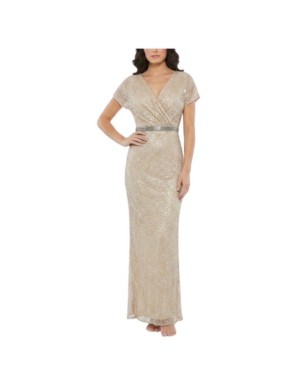Mac Duggal 93678 Champagne Gold Evening Gown Beaded Formal Column Dress Size 4
